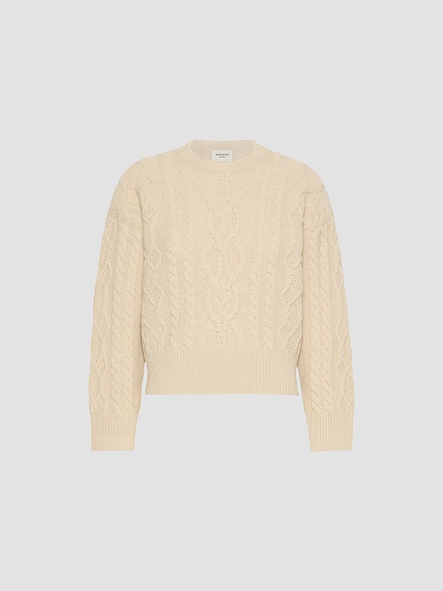 Women's Cable Knit Wool Yarn Jumper - Beige - Size XL