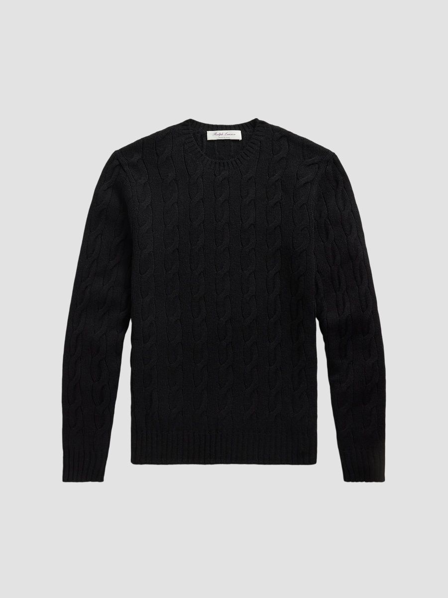 Ralph Lauren Purple Label Men's Cable-Knit Cashmere Crewneck Sweater - Classic Black - Size XXL