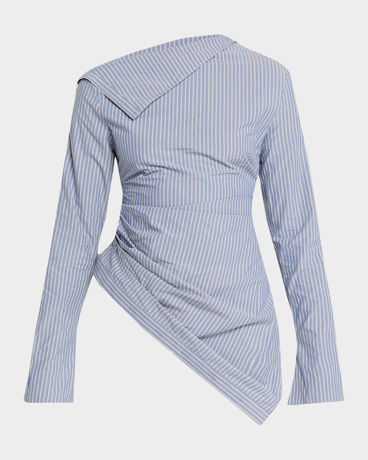 Asymmetric Pinstripe Button-Sleeve Blouse