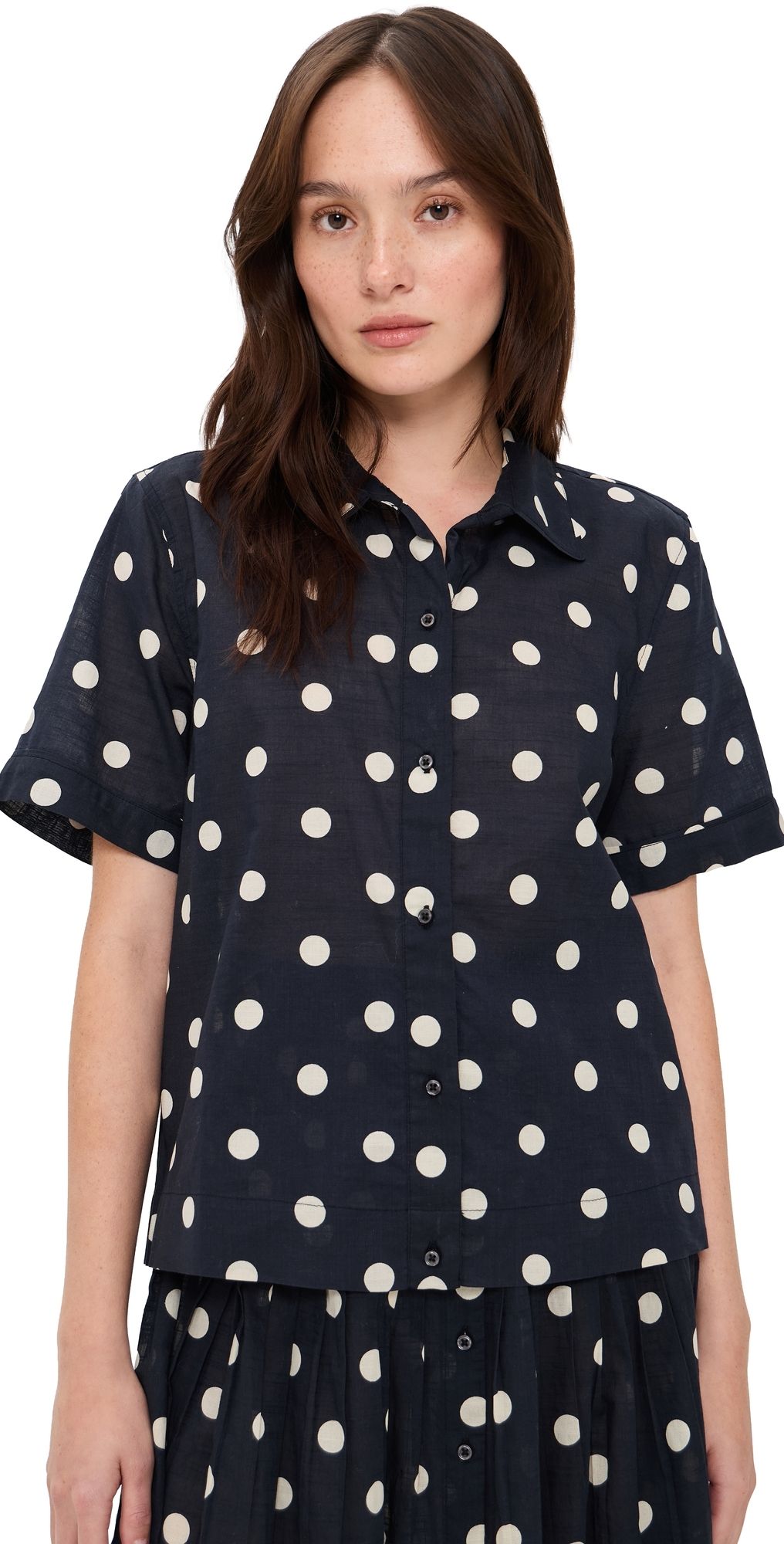 THE GREAT. The Messenger Top Navy w/ Cream Polka Dots 2