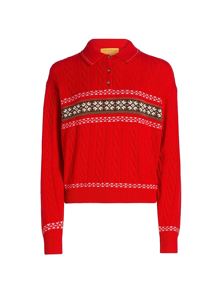 Women's Cable Collegiate Cashmere-Blend Sweater - Chili Combo - Size XL