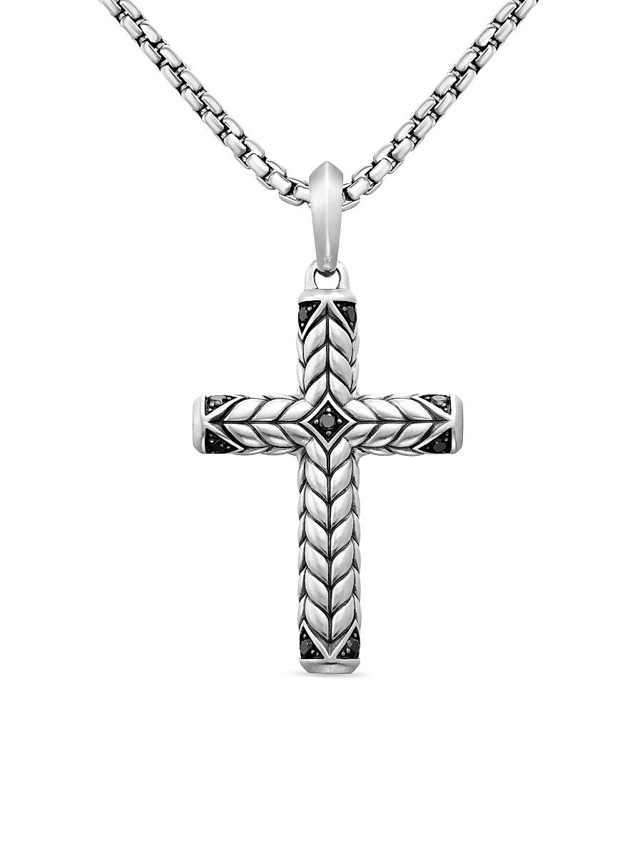 Men's Chevron Cross Pendant in Sterling Silver with Black Diamonds, 36mm - Black Diamond