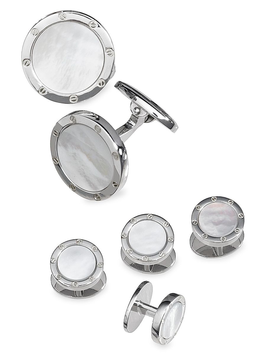 Men's 6-Piece Sterling Silver & Round Mother-Of-Pearl Cufflink & Shirt Stud Set