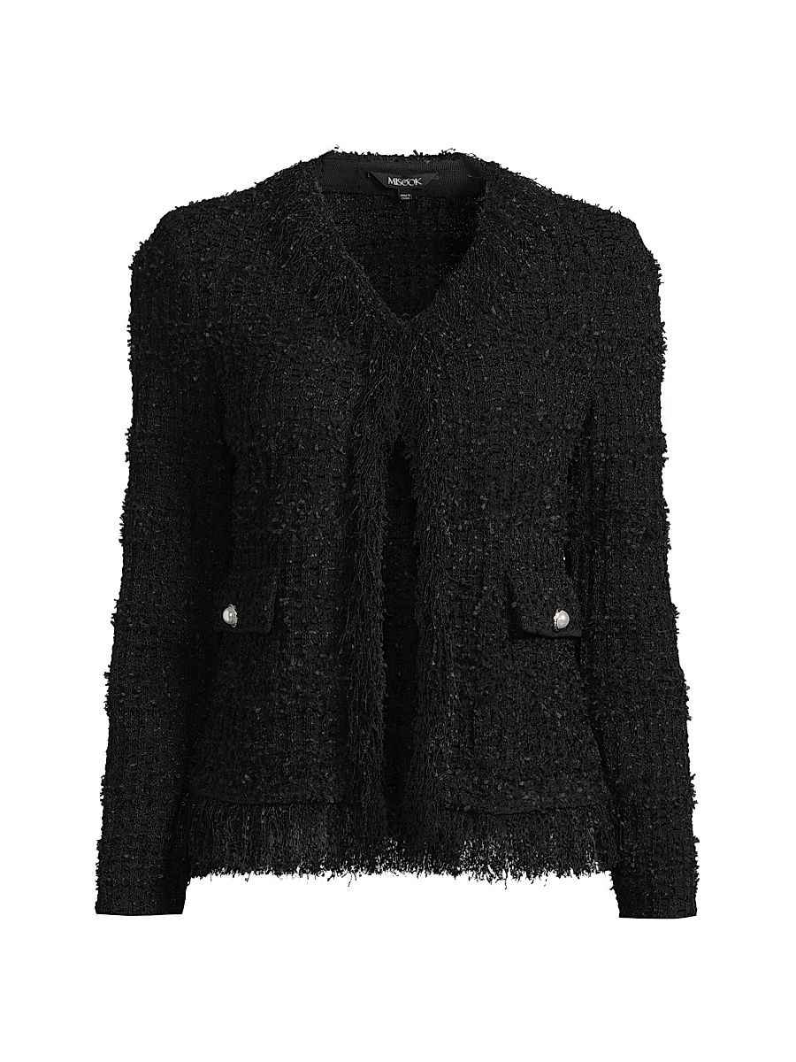 Women's Eyelash Fringe-Trim Knit Jacket - Black - Size XXL