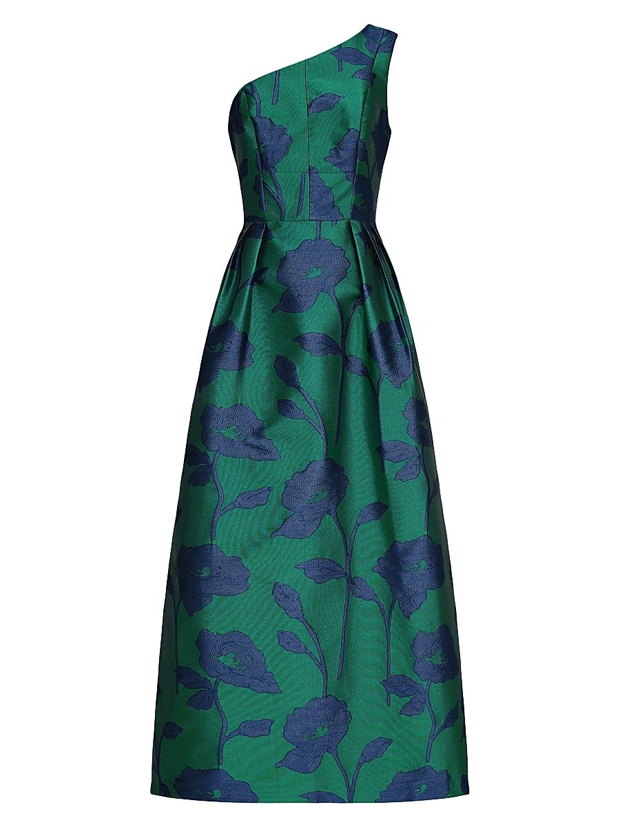Women's Tiara Floral Jacqaurd One-Shoulder Gown - Navy Emerald - Size 18
