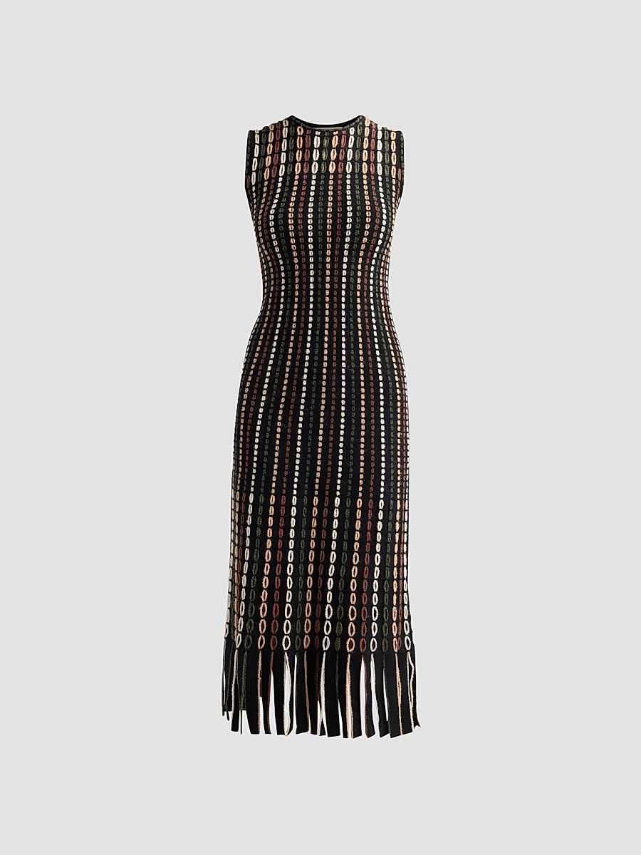 Women's Amina Fringed Float-Stitch Knit Wool-Blend Midi Dress - Noctis - Size Large