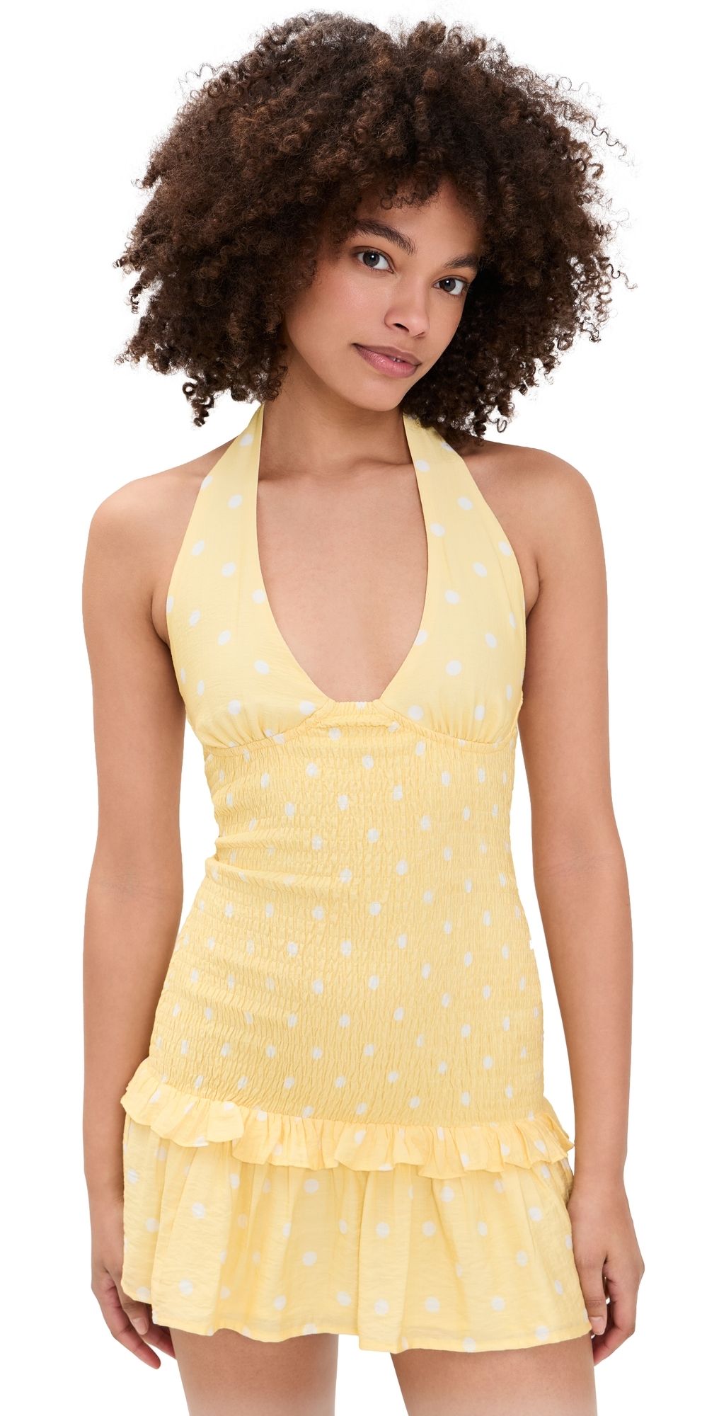 Seven Wonders Fleur Shirred Halter Mini Dress Lemon White Polka XS