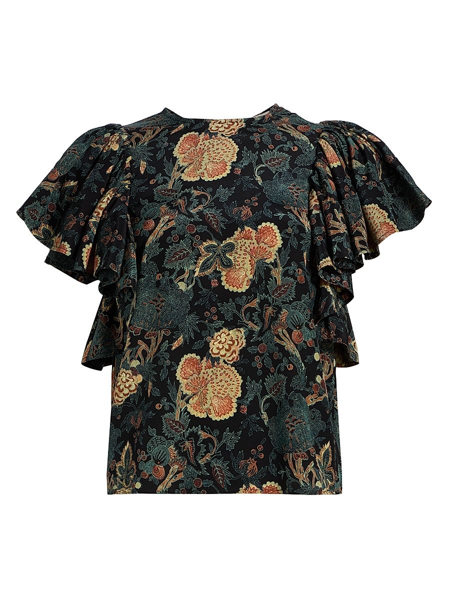 Women's Lena Floral Silk Flutter-Sleeve Blouse - Nuit - Size 14