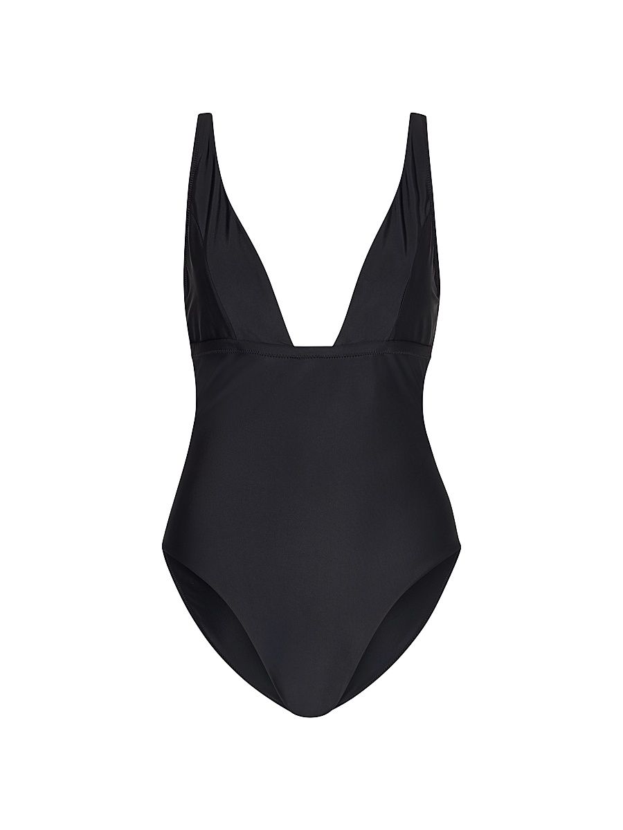 Women's Plunging V-neck One-Piece Swimsuit - Black - Size Large