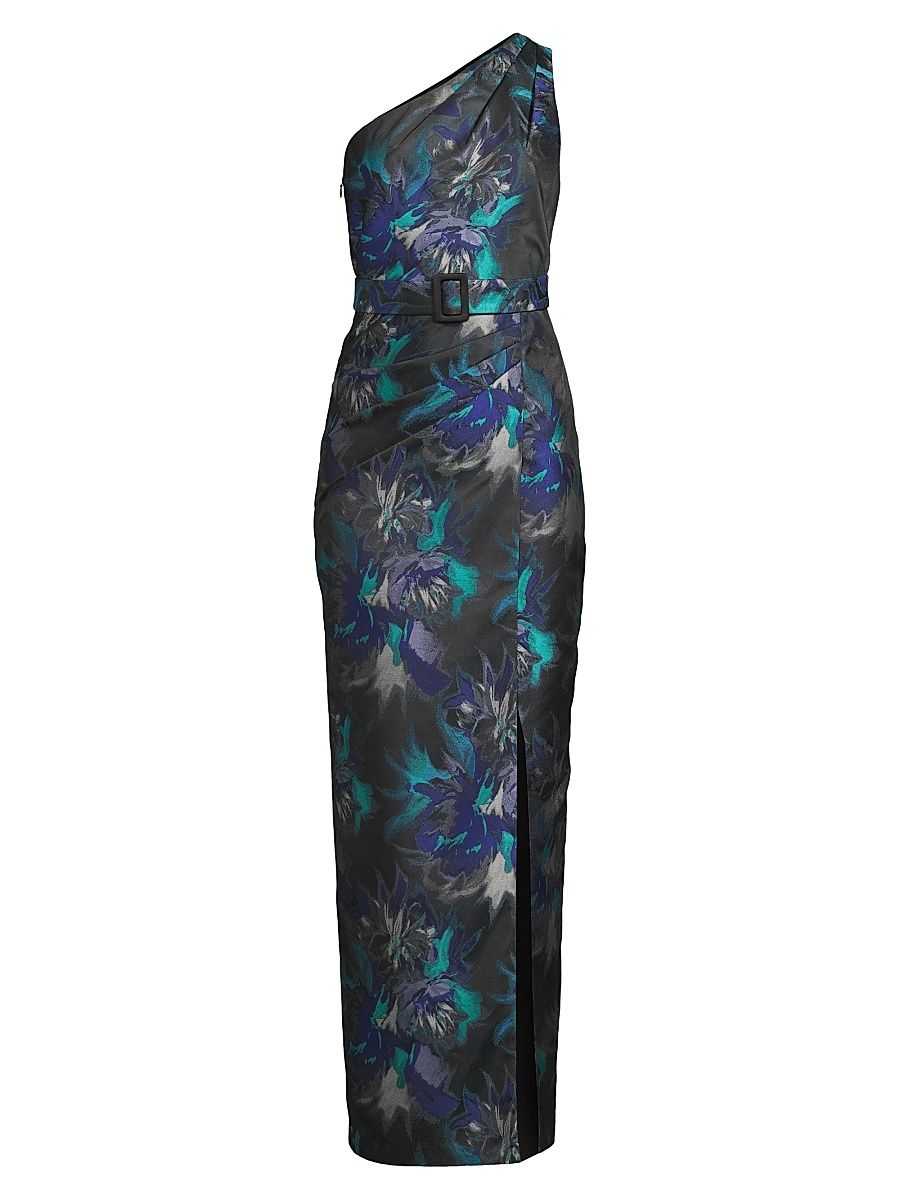 Women's Floral Jacquard Belted One-Shoulder Gown - Blue Multi - Size 18