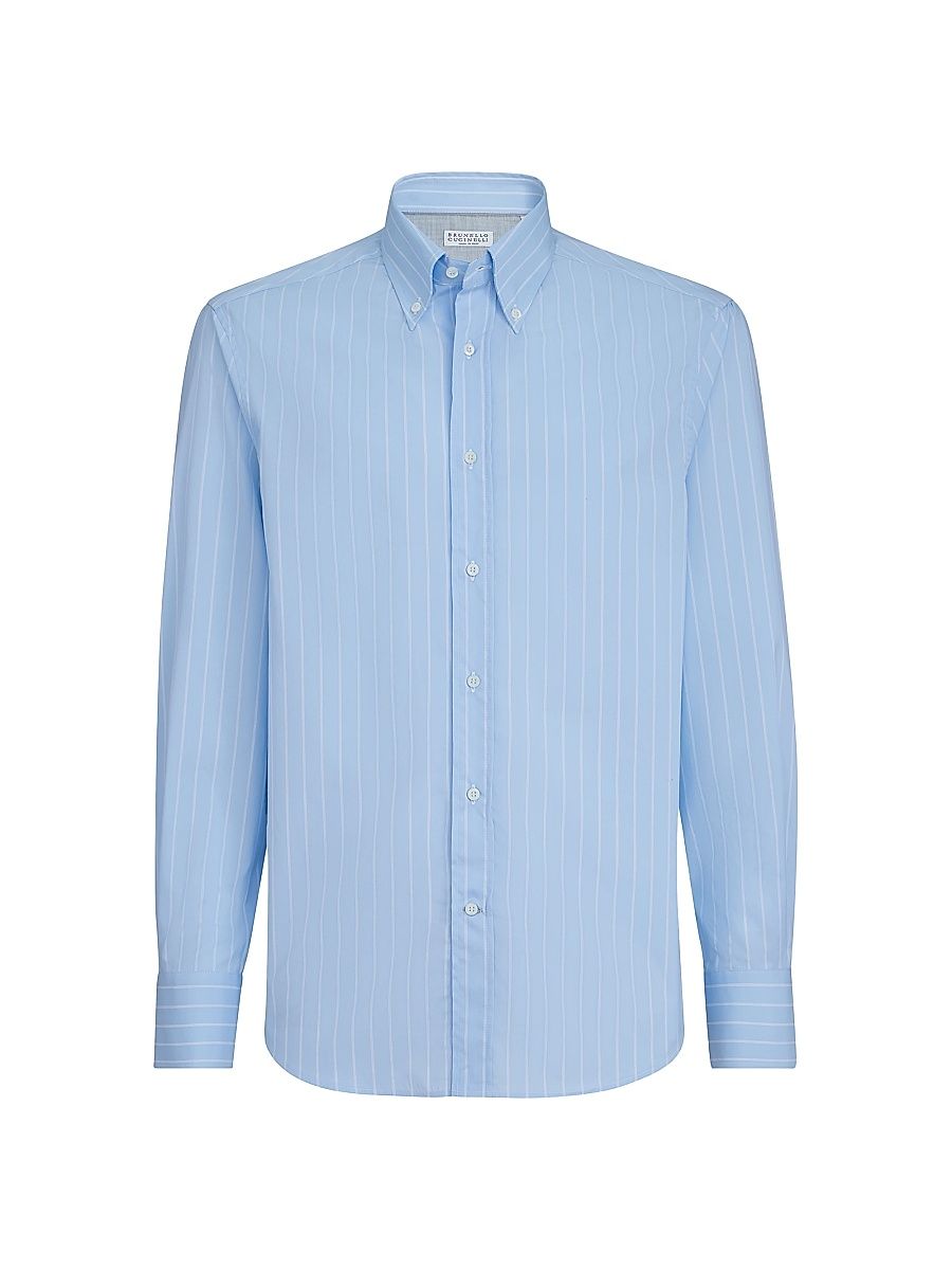 Men's Striped Poplin Slim Fit Shirt with Button Down Collar - Azure - Size XXXL