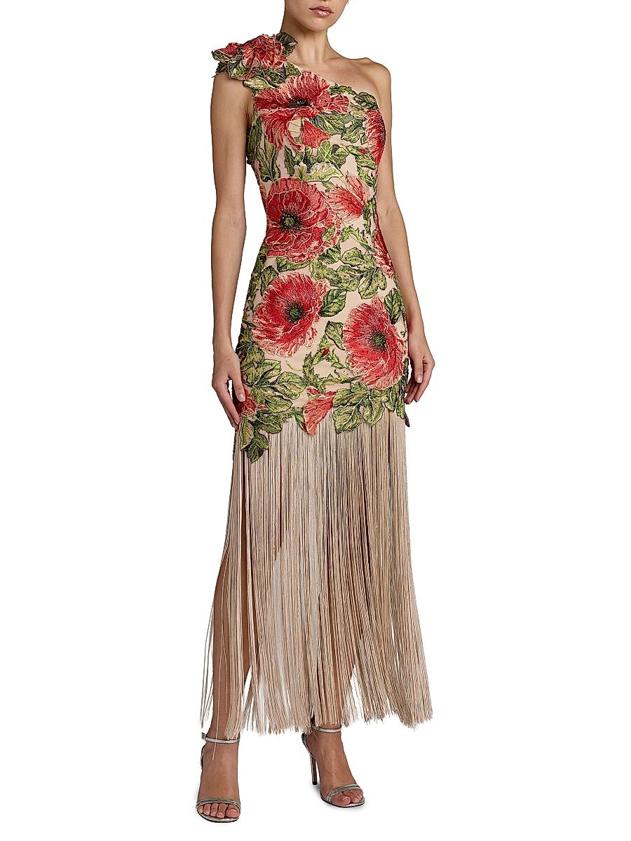 Women's Floral Appliqué Fringed One-Shoulder Gown - Beige Multi - Size 10
