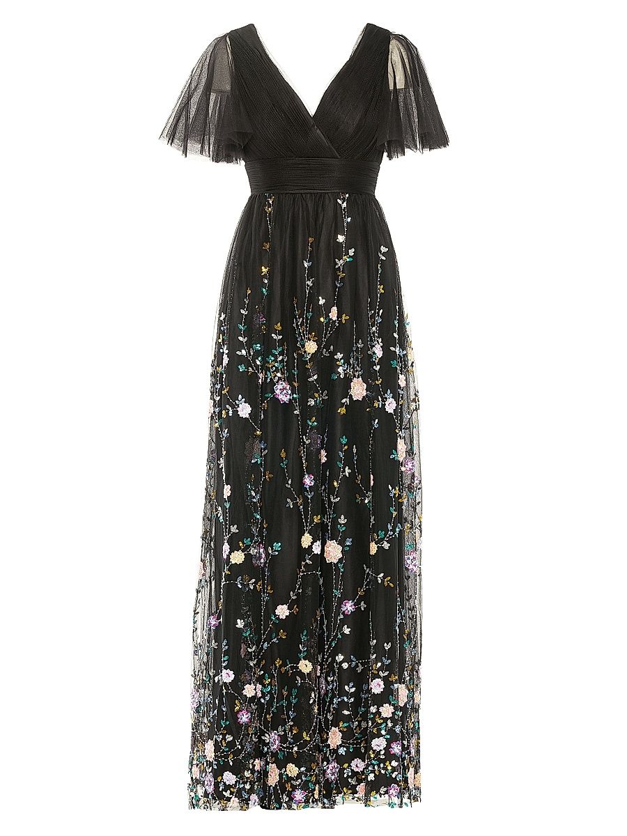 Women's Embellished Illusion V-Neck Gown - Black Multi - Size 10