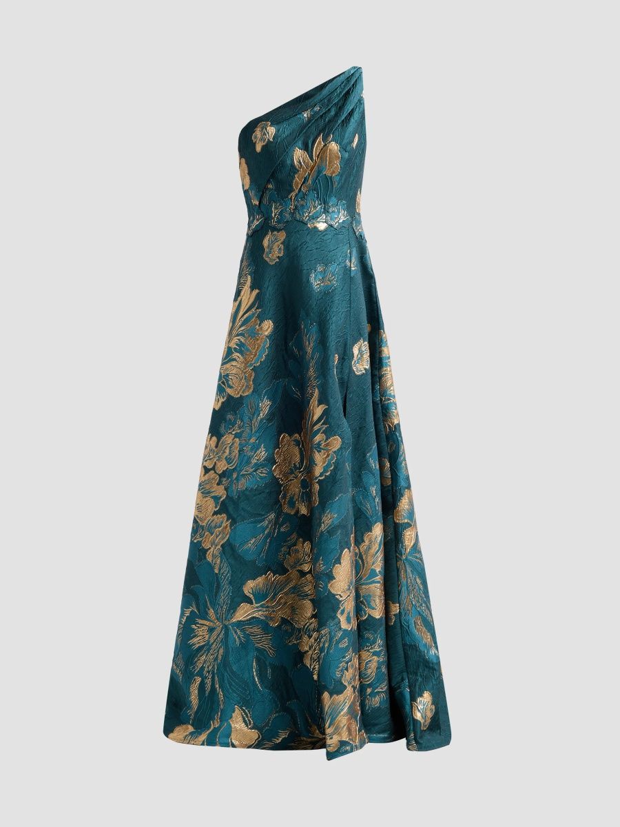 Rene Ruiz Collection Women's Metallic Floral Jacquard One-Shoulder Gown - Teal Multi - Size 14