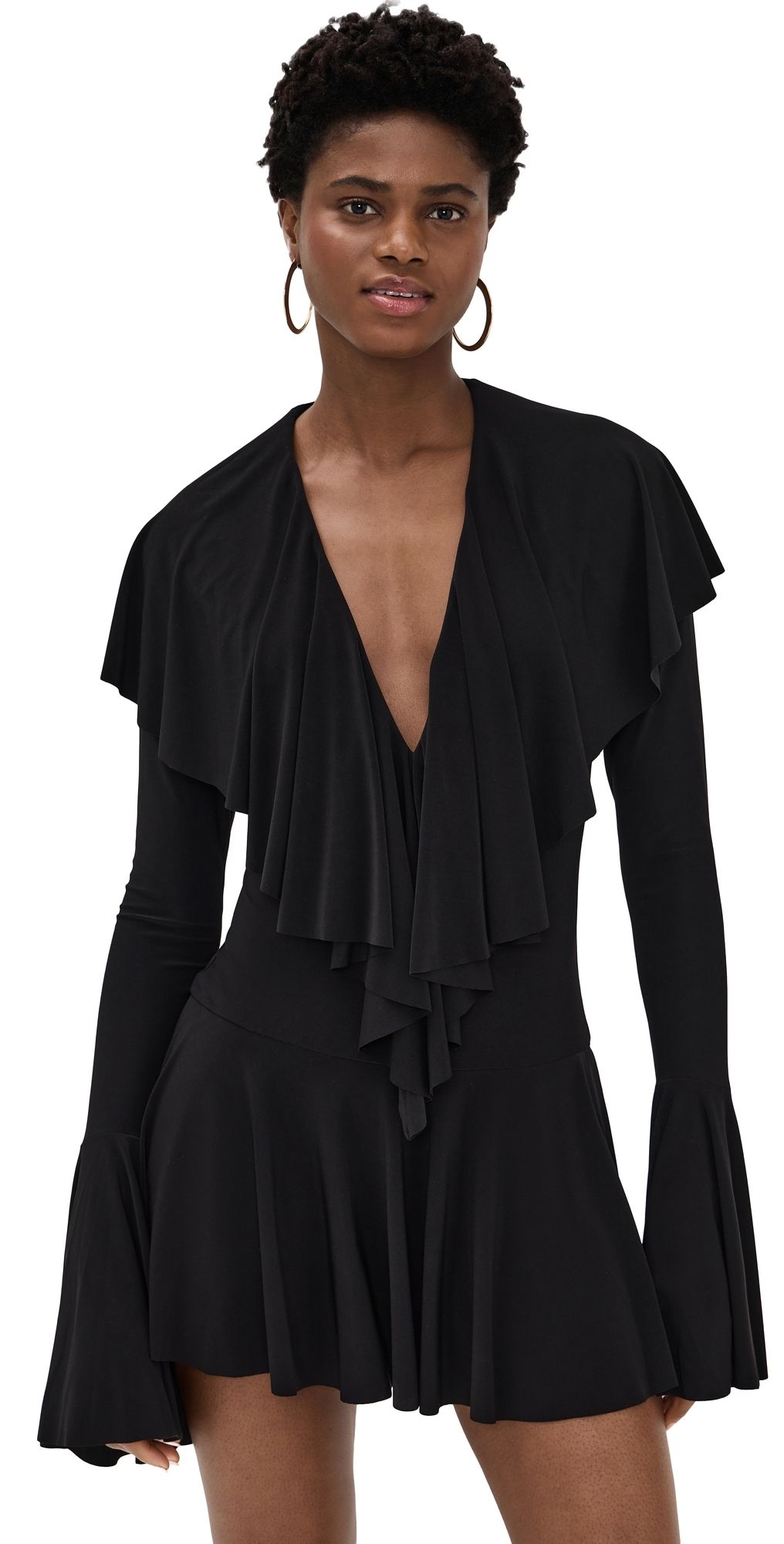 Norma Kamali Long Sleeve Deep V Ruffle Mini Dress Black S