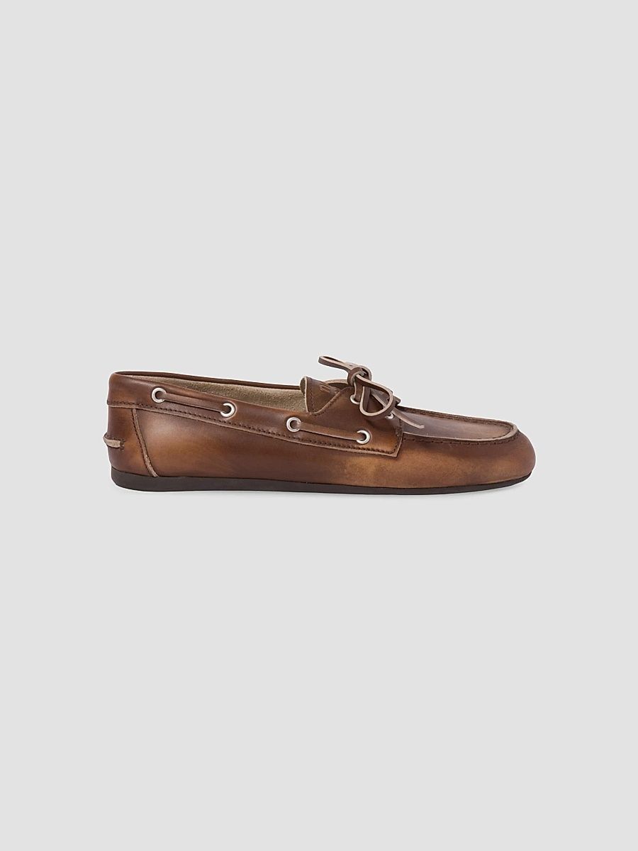 Miu Miu Women's Unlined Bleached Leather Boat Shoes - Brown - Size 7