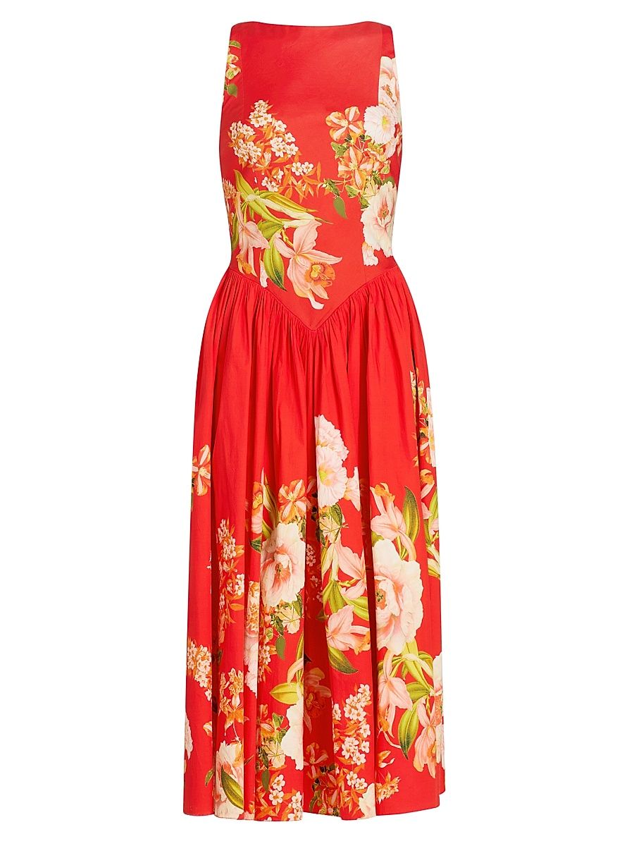 Women's Floral Cotton Boatneck Midi-Dress - Orange - Size XL