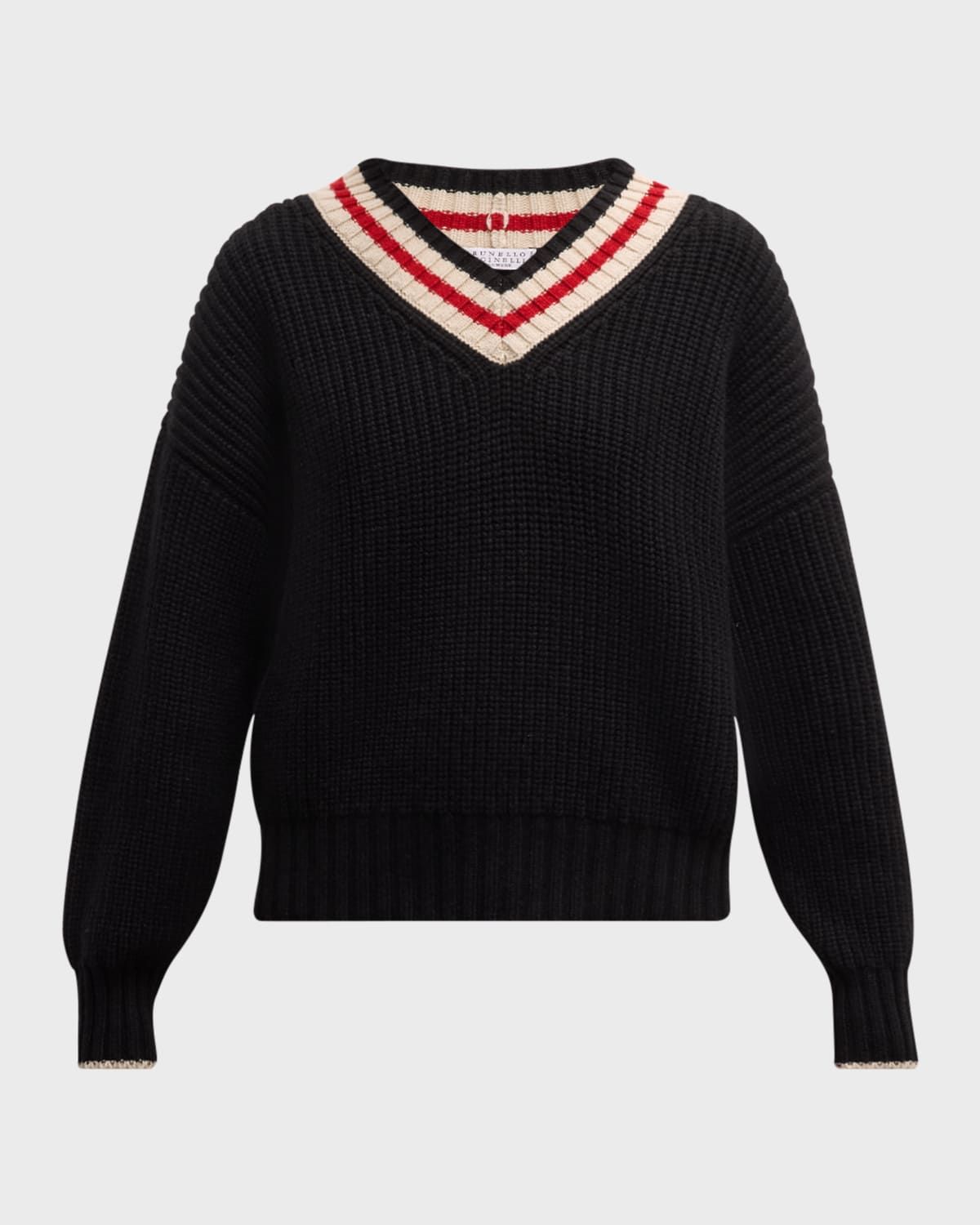 Cashmere English Ribbed Sweater with Varsity Stripes