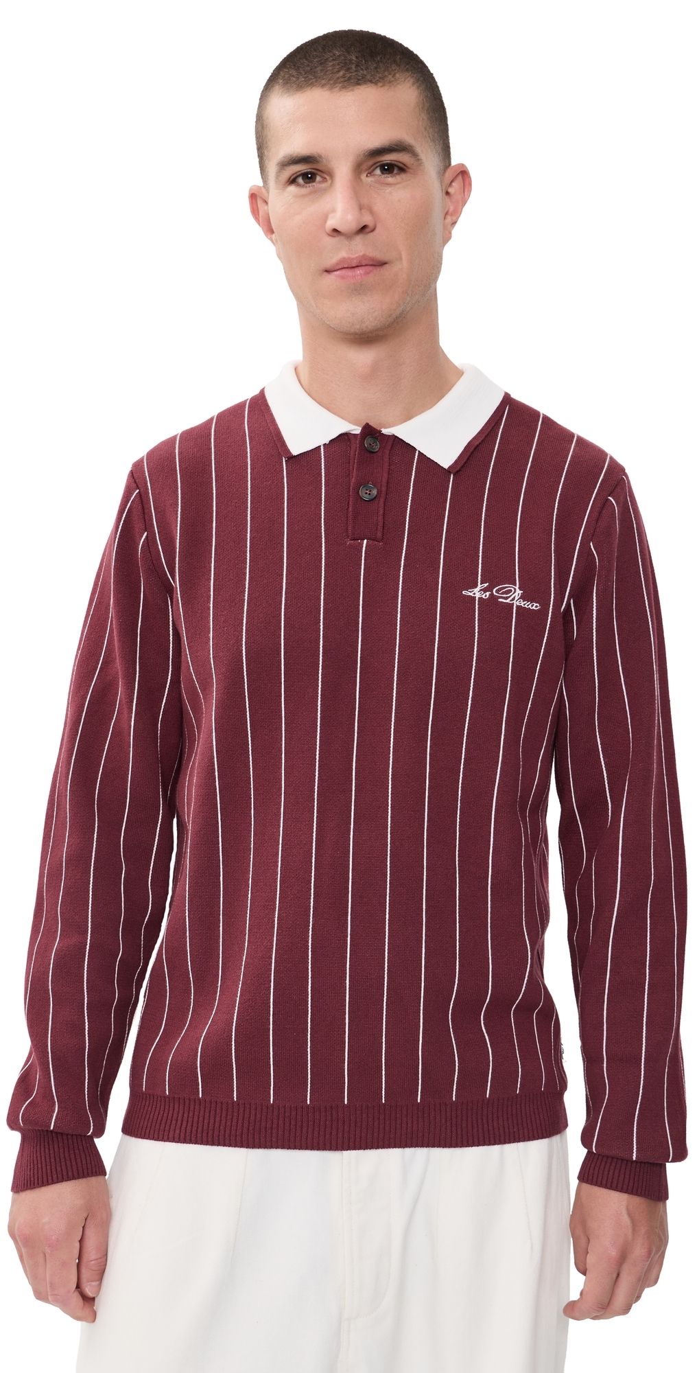Les Deux Signature Knitted Long Sleeve Polo Chocolate Truffle Red L