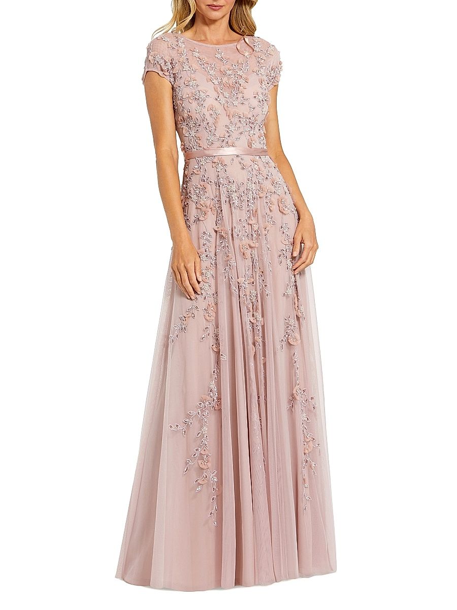 Women's Petite Floral Applique Chiffon A-Line Gown - Mocha - Size Petite 14