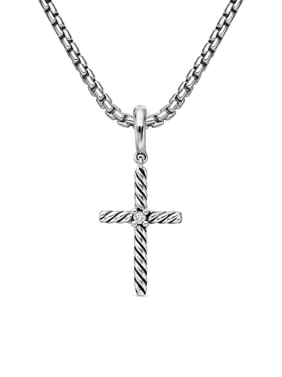 Women's Classic Cable Cross Pendant in Sterling Silver with Center Diamond, 24mm - Diamond