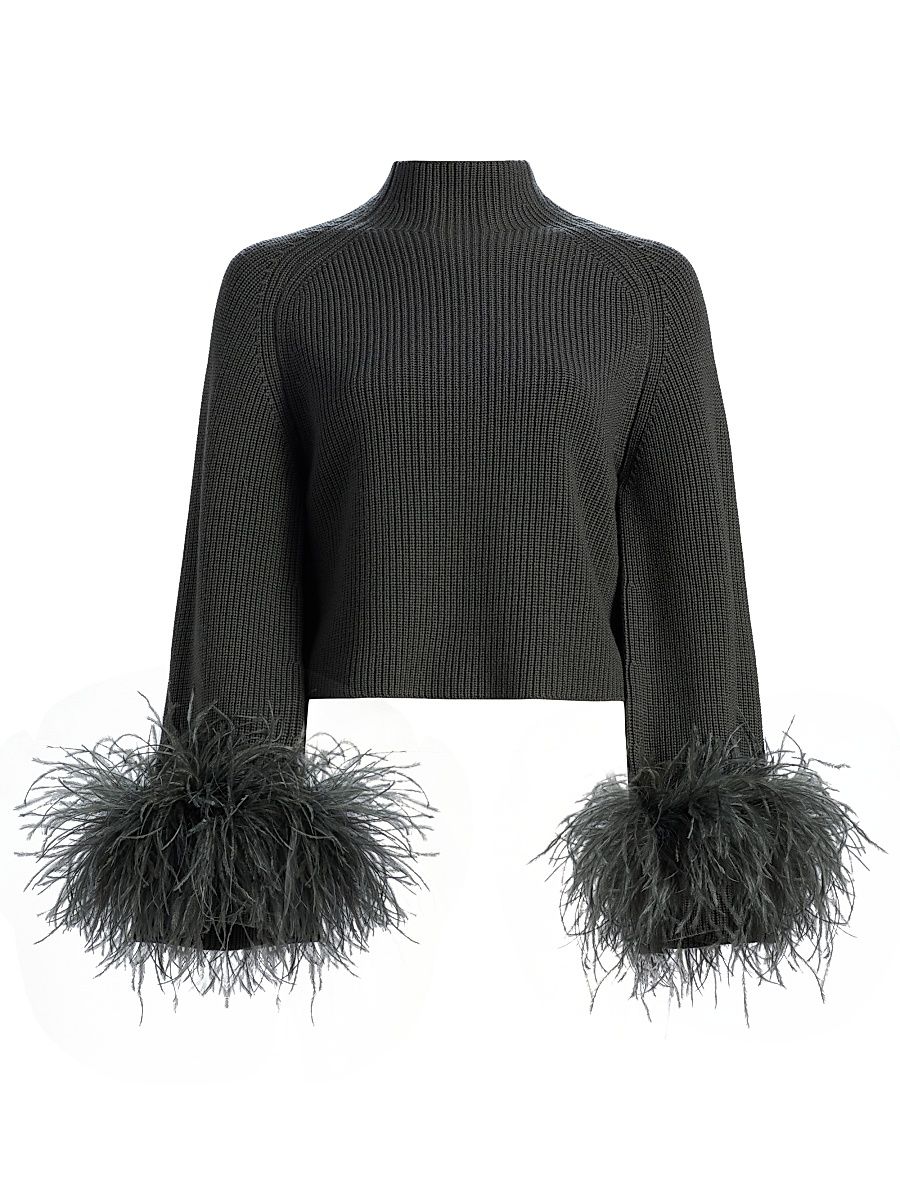 Women's Feather-Cuff Mock Turtleneck Wool Sweater - Pine - Size XL