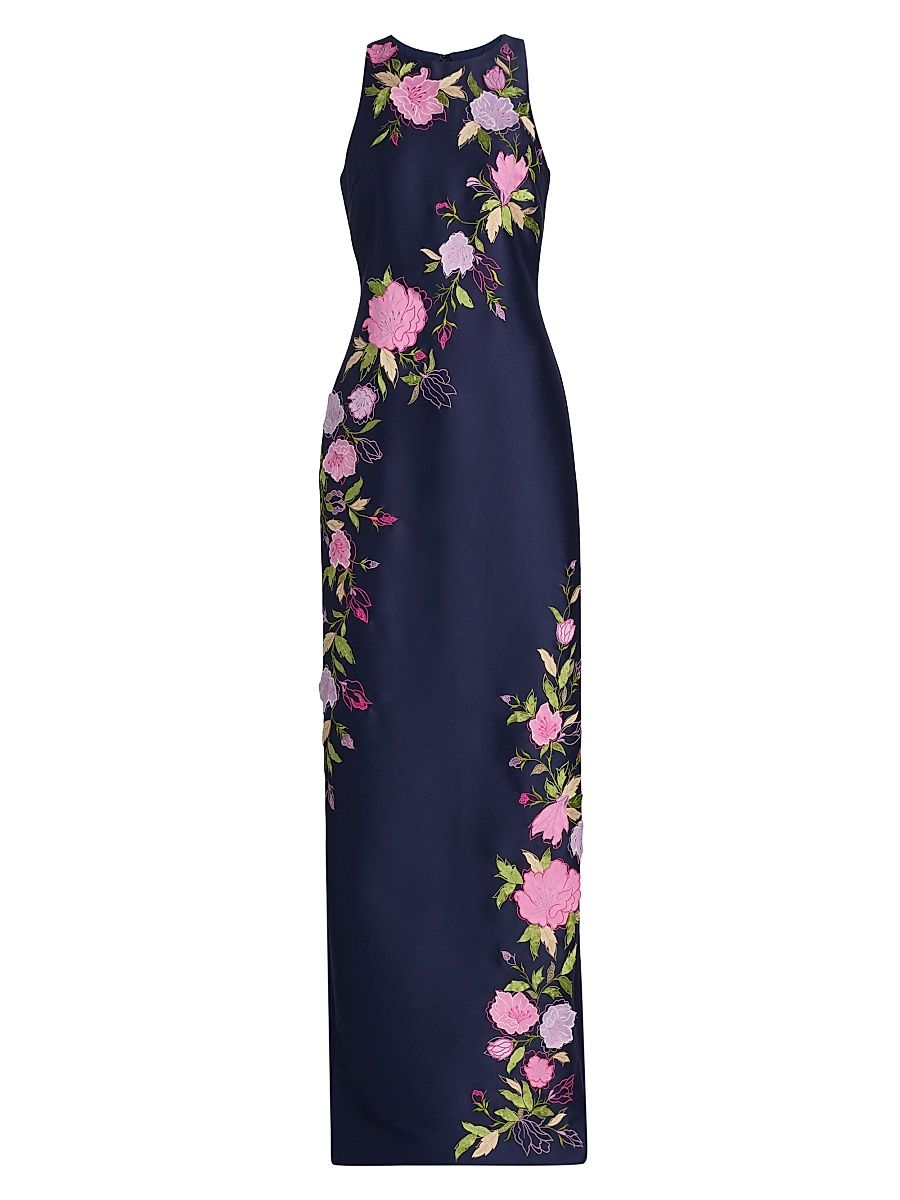 Women's Floral Stretch Mikado Column Gown - Navy - Size 16