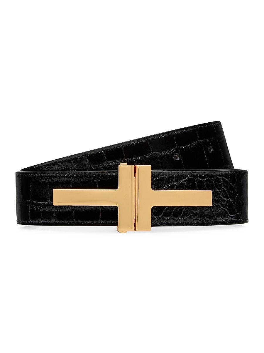 Women's Logo Croc-Embossed Leather Belt - Black - Size XXS