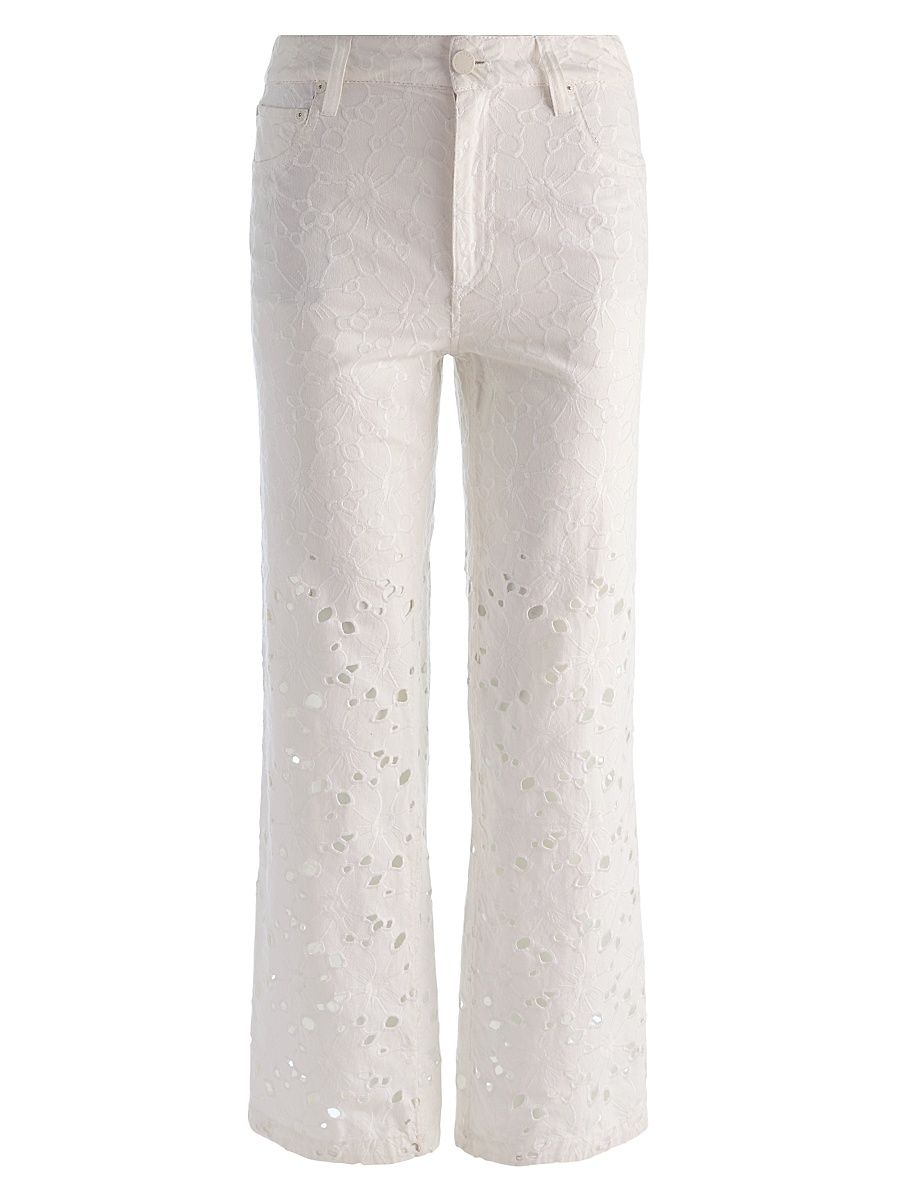 Women's Chic Floral Embroidered High-Rise Jeans - Off White - Size 32