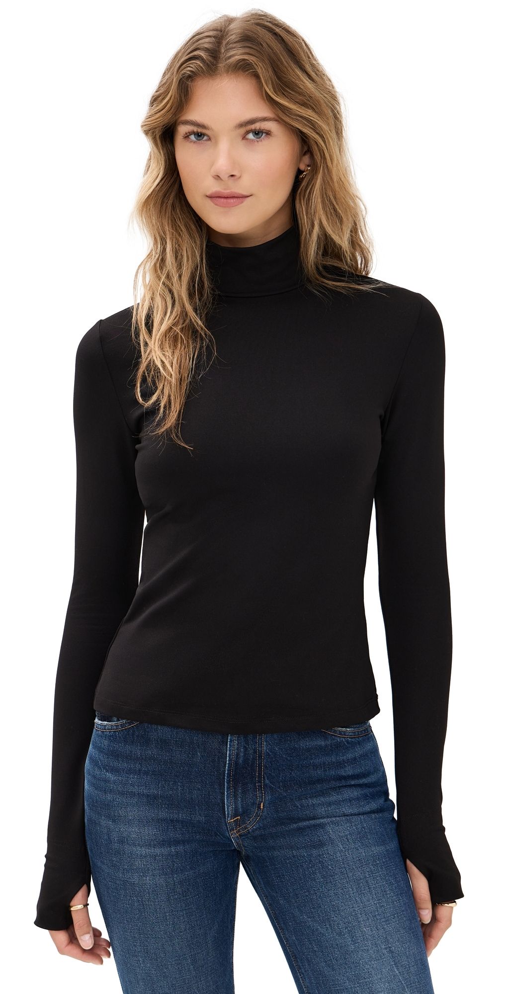 Susana Monaco Mock Neck Thumb Hole Long Sleeve Tee Black L
