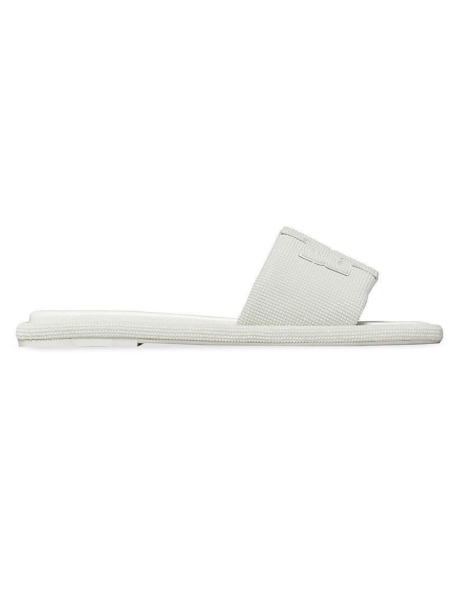 Tory Burch Women's Double-T Pavé Leather Slides - Optic White - Size 9.5