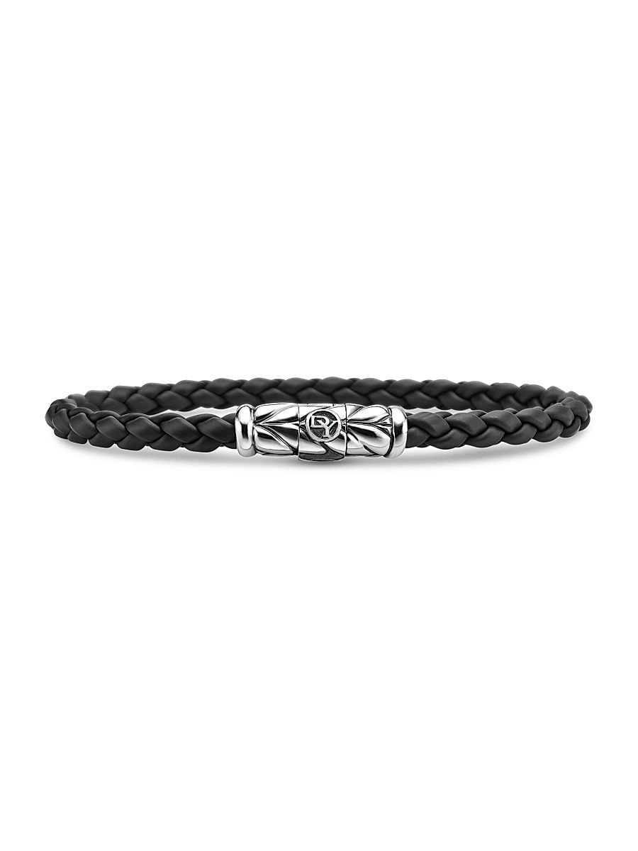 Men's Chevron Woven Bracelet in Black Rubber and Sterling Silver, 6mm - Black - Size 9