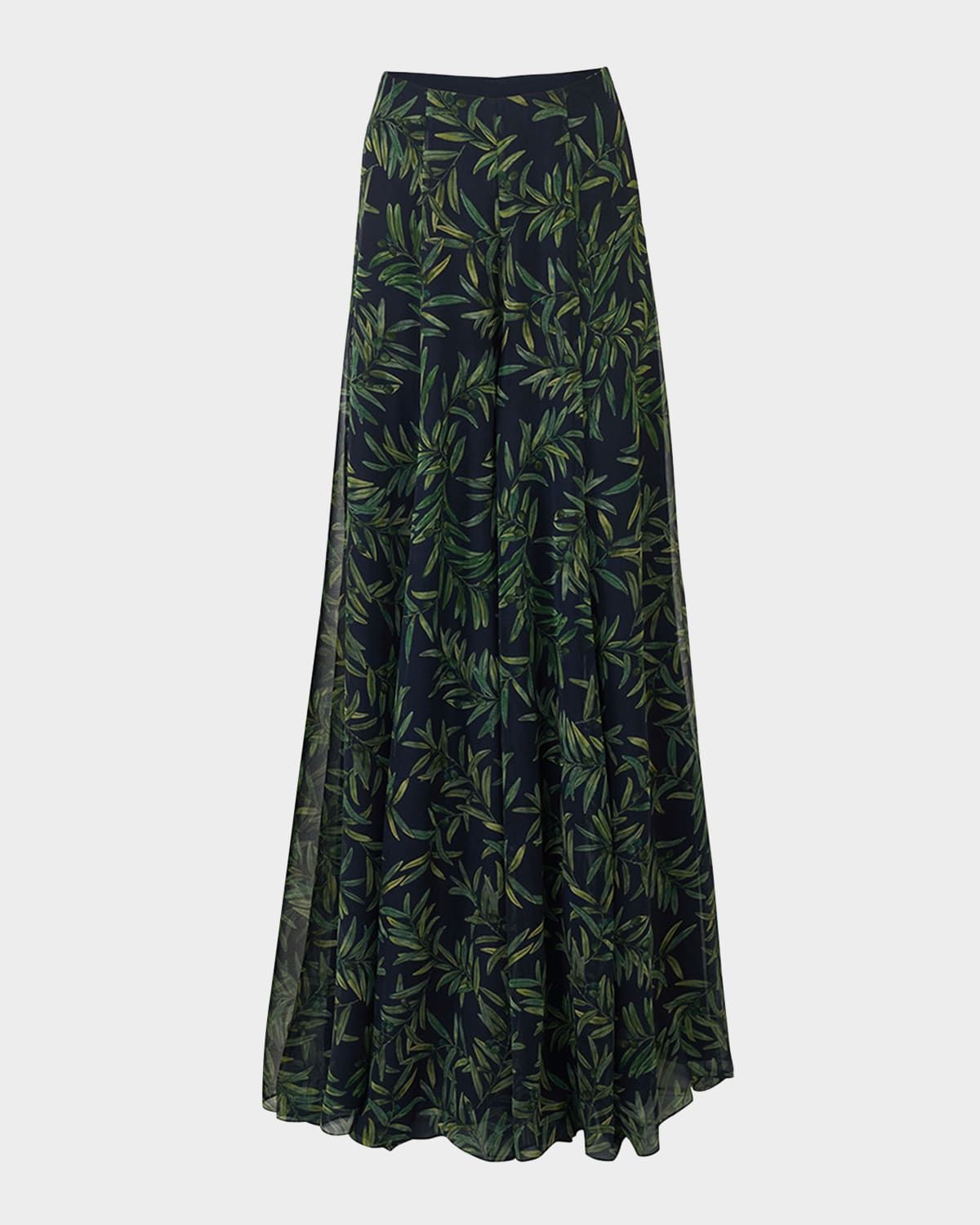 Iris Olive-Printed Wide-Leg Silk Chiffon Pants