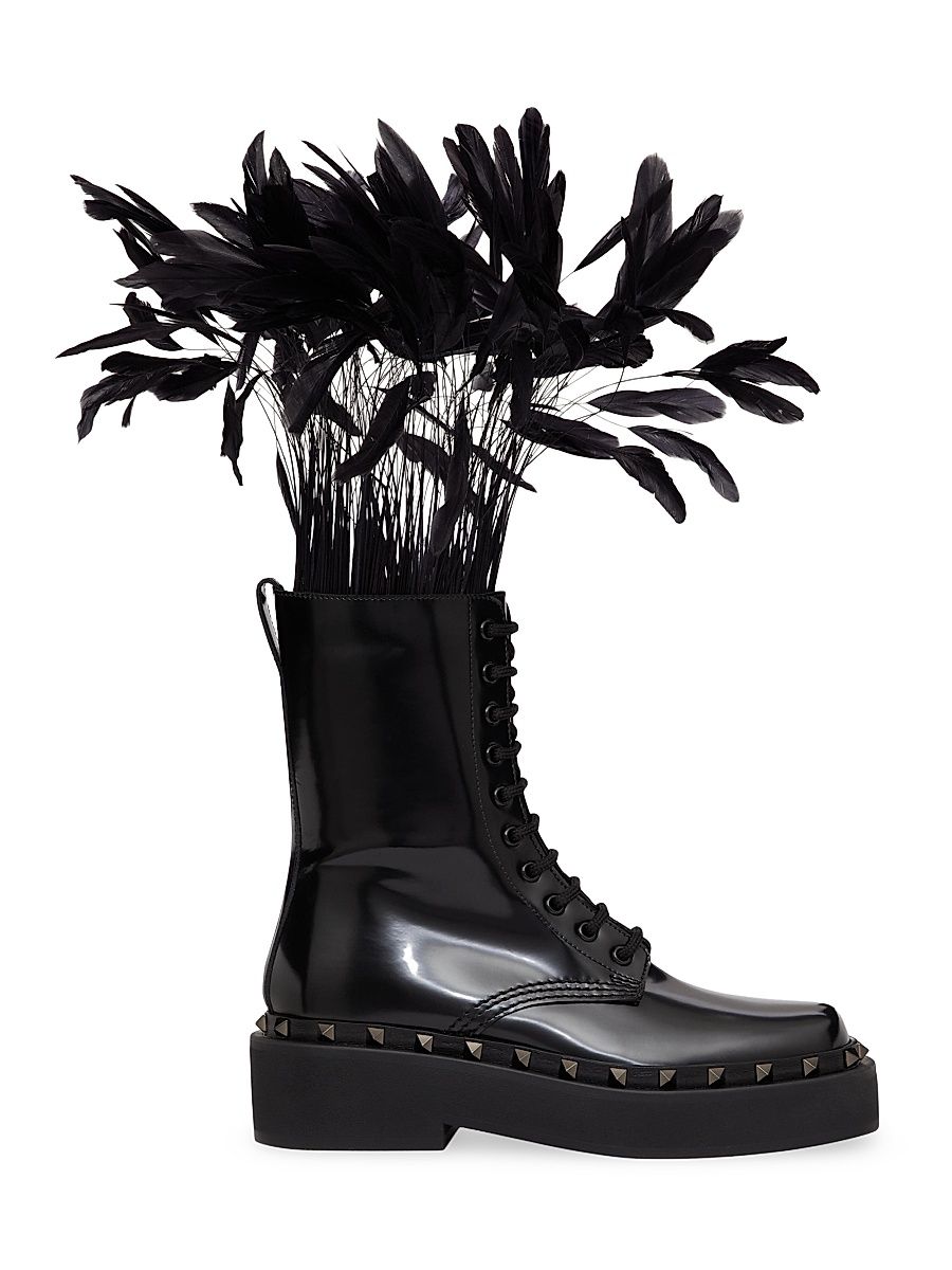 Women's Rockstud M-Way Combat Boots In Calfskin With Feathers 50mm - Black - Size 6.5