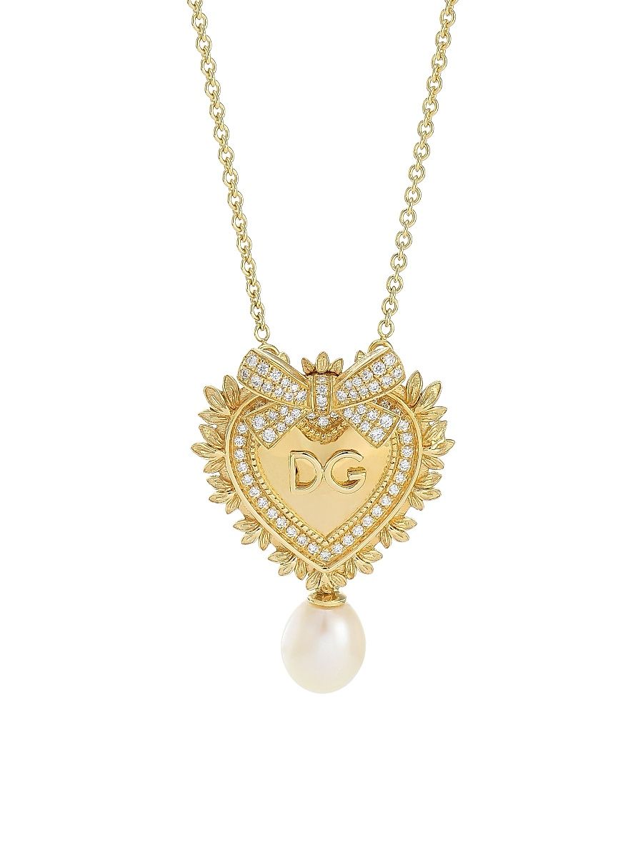 Women's 18K Yellow Gold 6MM Oval Freshwater Pearl & Diamond Sacred Heart Necklace - Gold