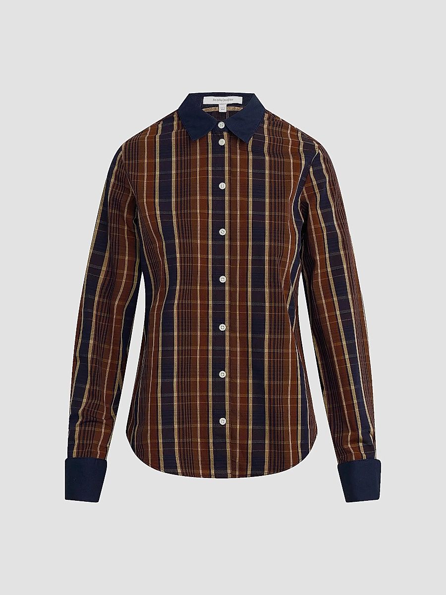Women's The Cuffed Cotton Statement Striped Shirt - Toffee Plaid - Size XS