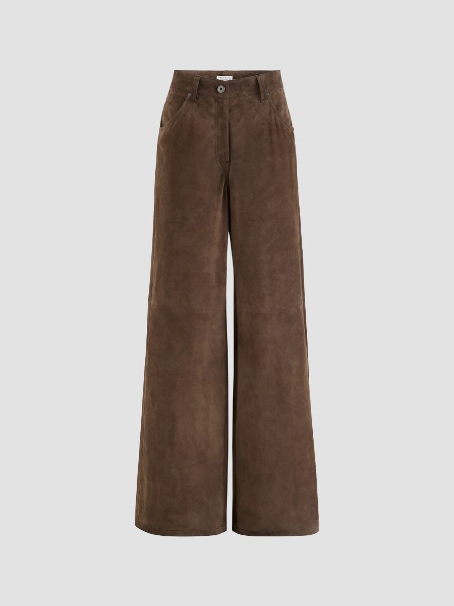 Brunello Cucinelli Women's Suede Baggy Trousers with Monili - Rust Brown - Size 12
