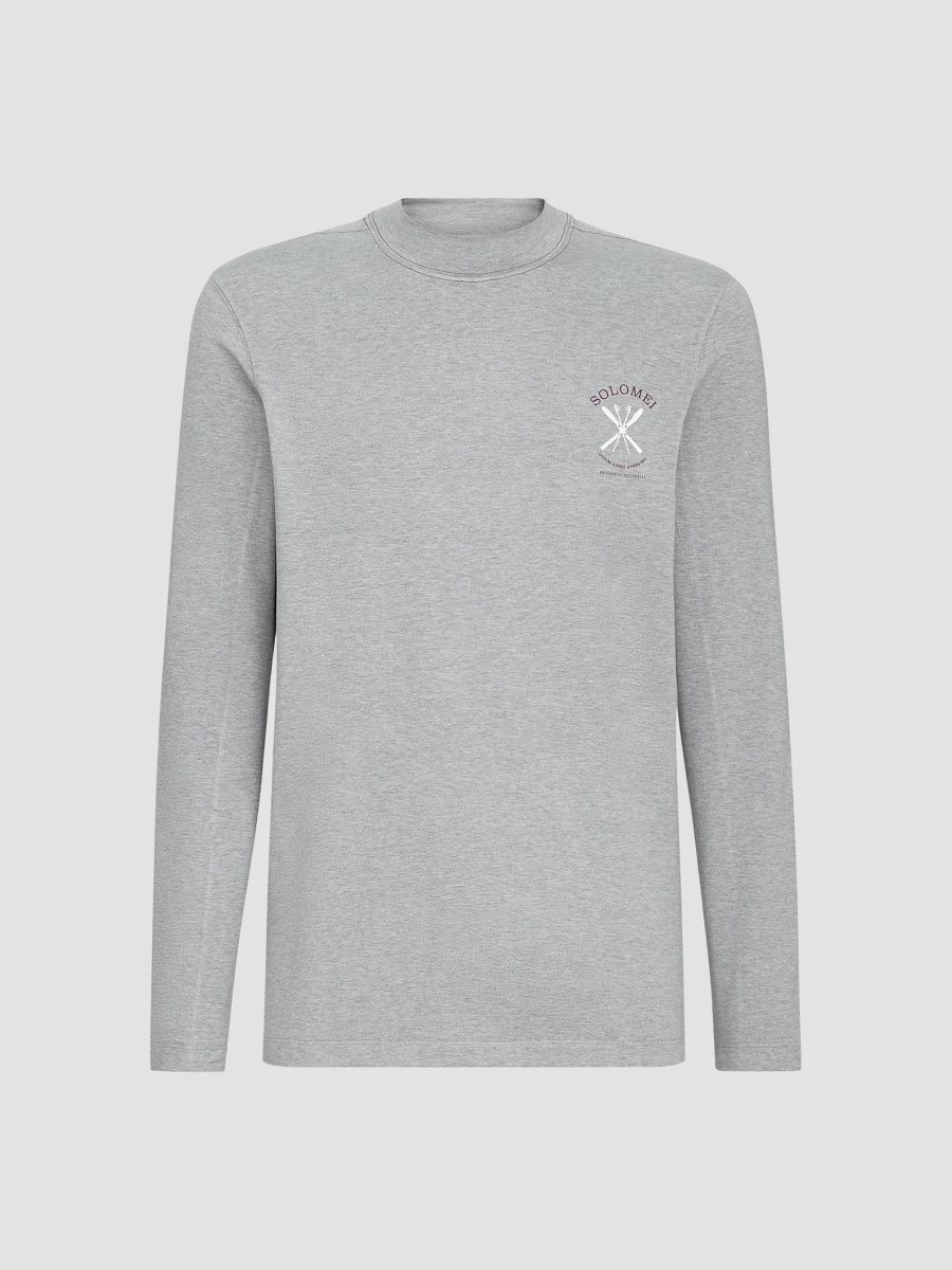 Brunello Cucinelli Men's Comfort Silk Jersey Long Sleeve T-Shirt with Embroidery - Medium Grey - Size 36