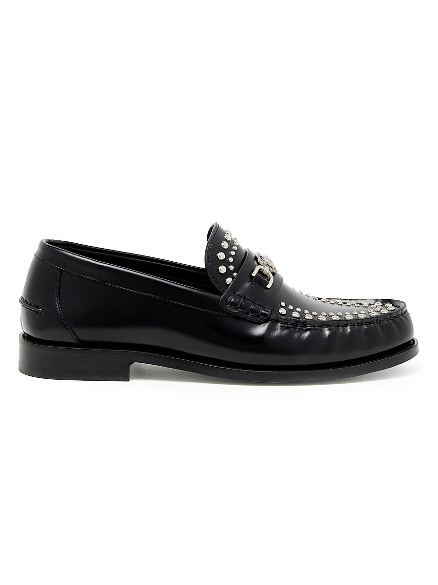 Men's Medusa Stud Leather Loafers - Black Palladium - Size 12.5