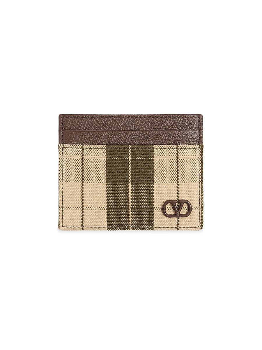 Men's VLogo Signature Cardholder in Checked Fabric - Green Beige