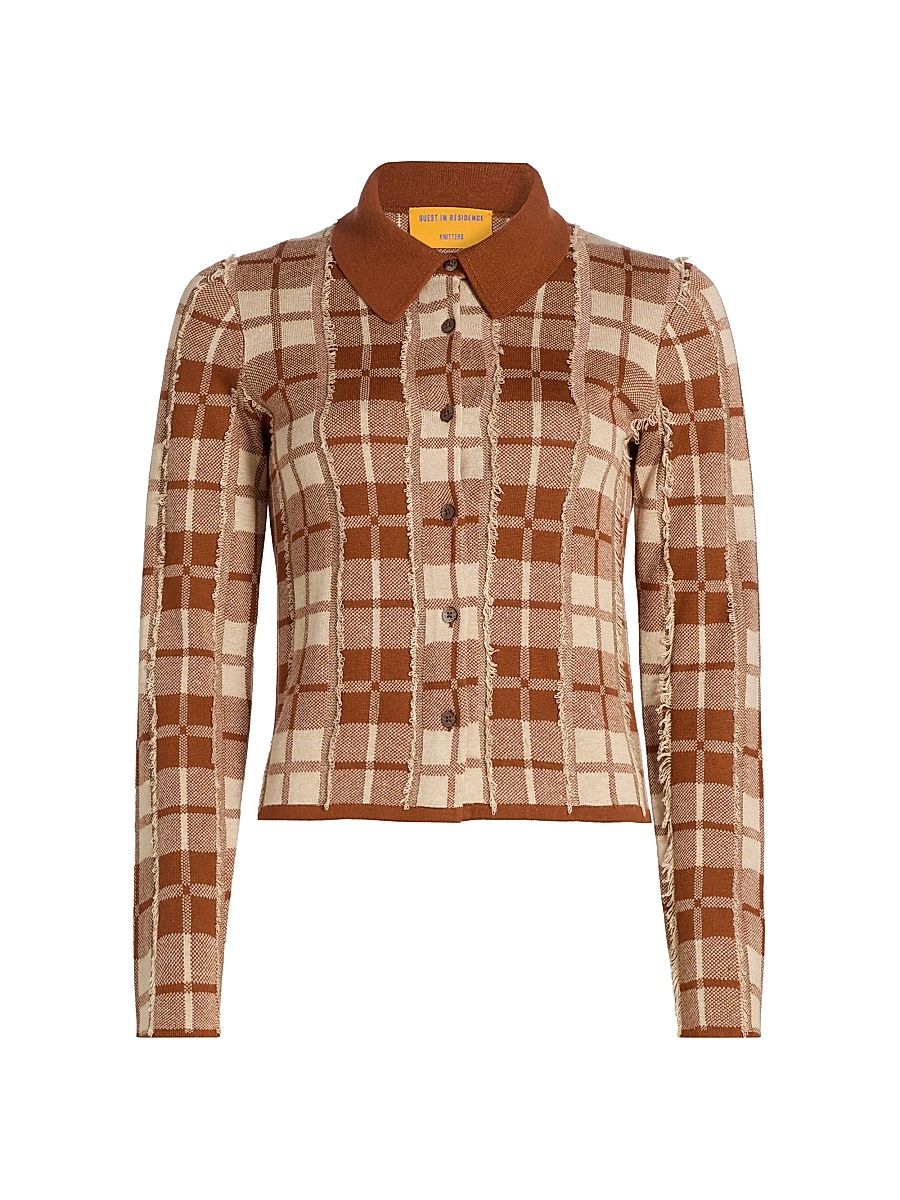 Women's Fringe Plaid Silk-Linen Shirt - Burnt Sienna Sandstone - Size XS