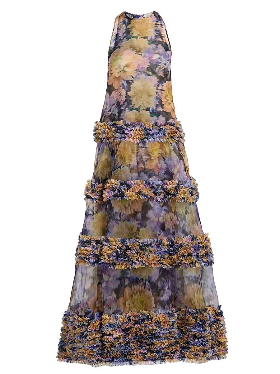 Women's Luna Floral Silk Ruffle Maxi Dress - Violet Dahlia - Size 8