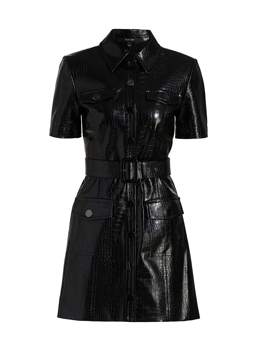 Women's Lydia Croc Embossed Leather Minidress - Jet - Size 14