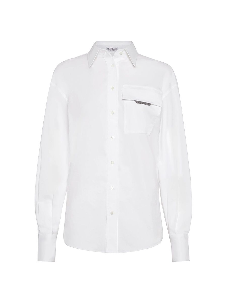 Women's Stretch Cotton Poplin Shirt with Shiny Flap Detail - White - Size XS