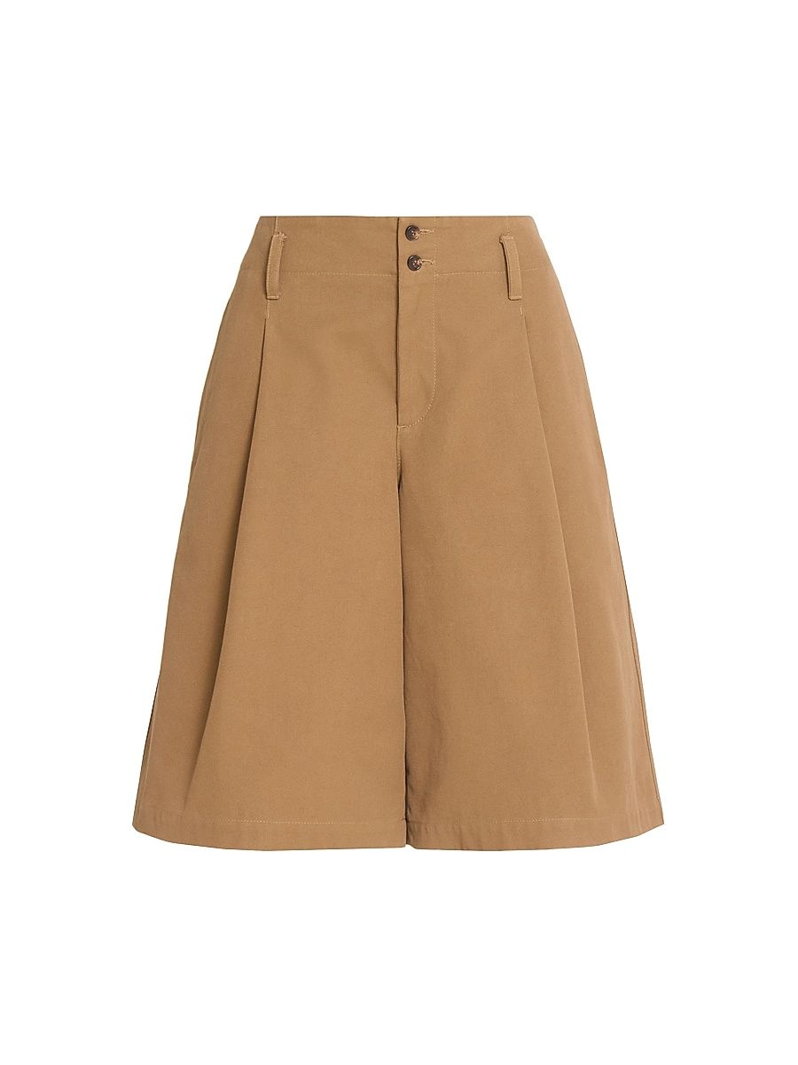Women's Pleated Cotton Shorts - Mustard Brown - Size 8