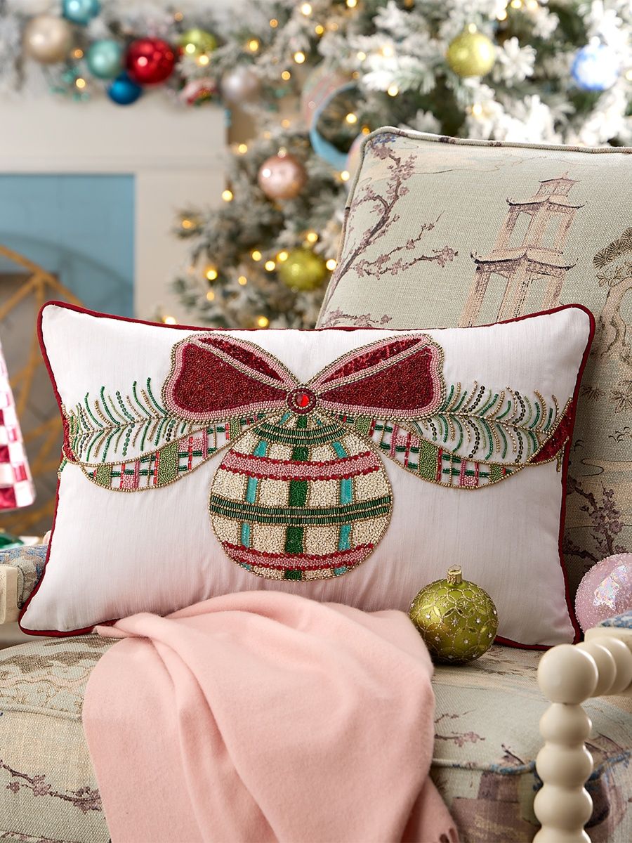 Kim Seybert Tartan Tidings Bow & Bauble Pillow