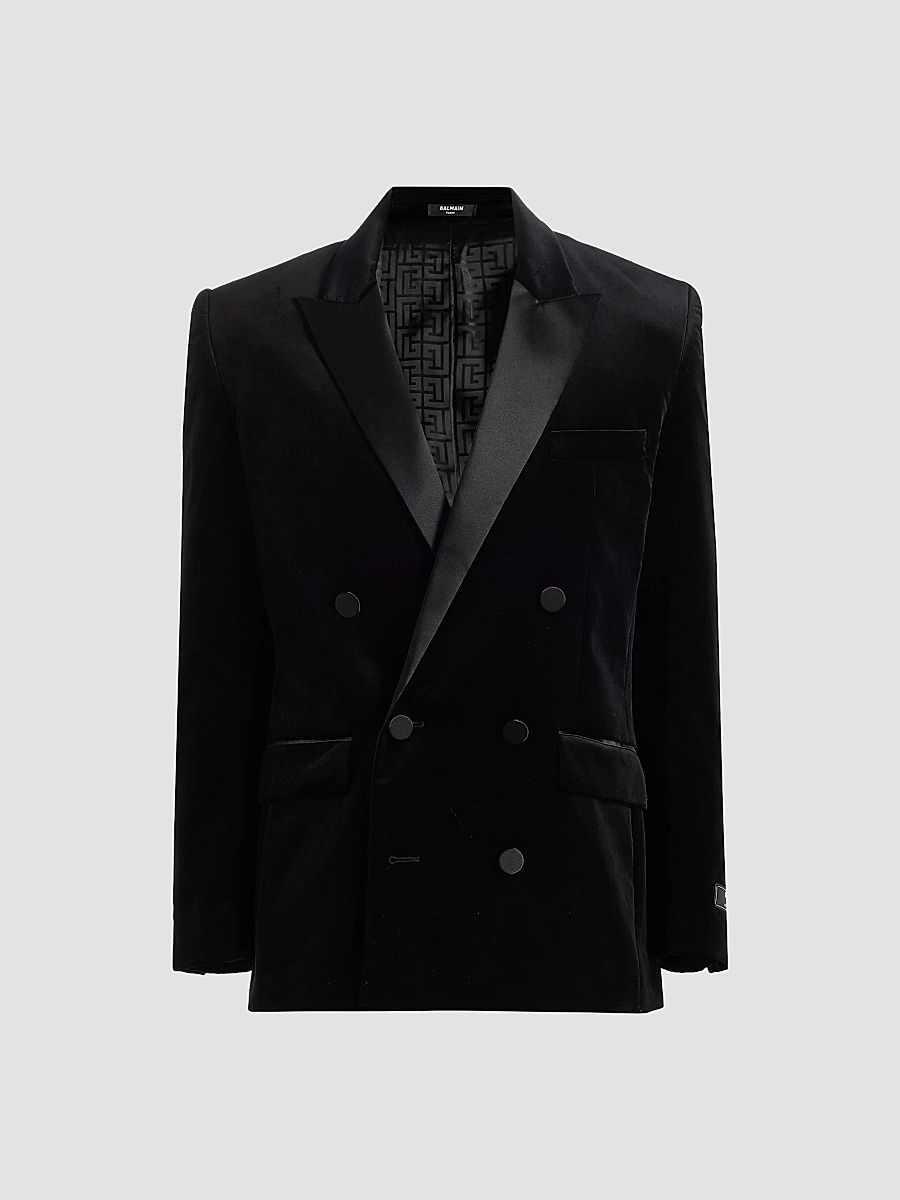 Balmain Men's Velvet & Satin Double-Breasted Blazer - Noir - Size 48