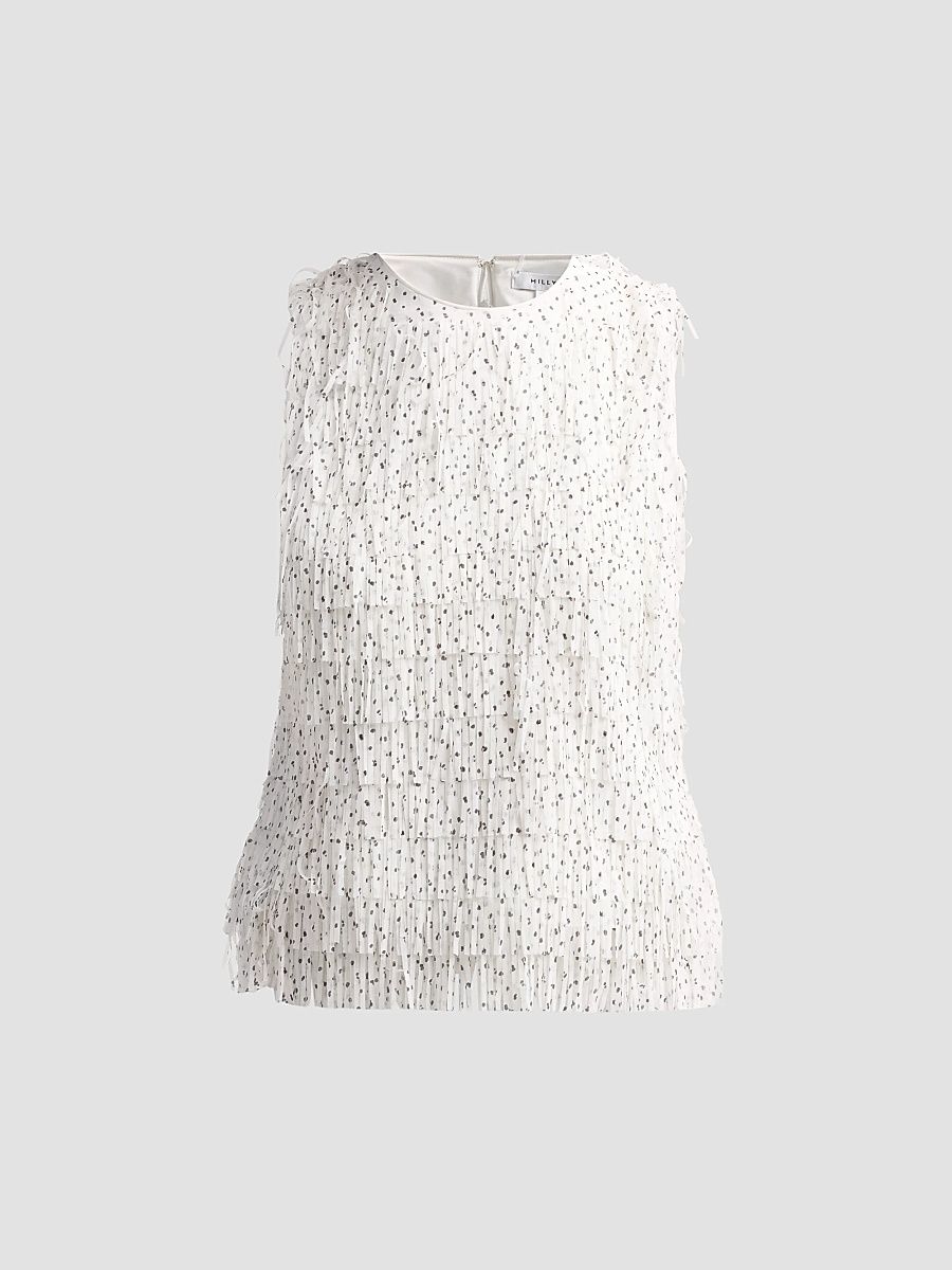 Women's Royce Polka Dot Fringe Top - White Black - Size Large
