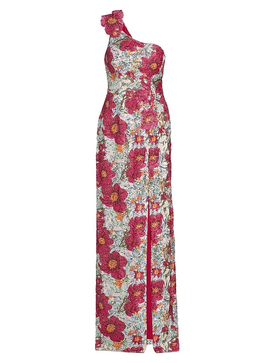 Women's One-Shoulder Sequin-Embellished Column Gown - Red Multi - Size 14