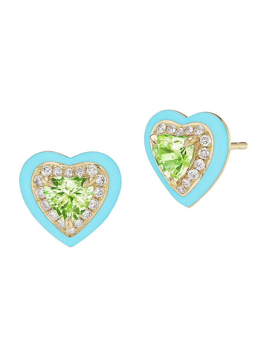 Women's Dress Up 18K Yellow Gold, Enamel, Peridot, .22 TCW Diamond Heart Stud Earrings